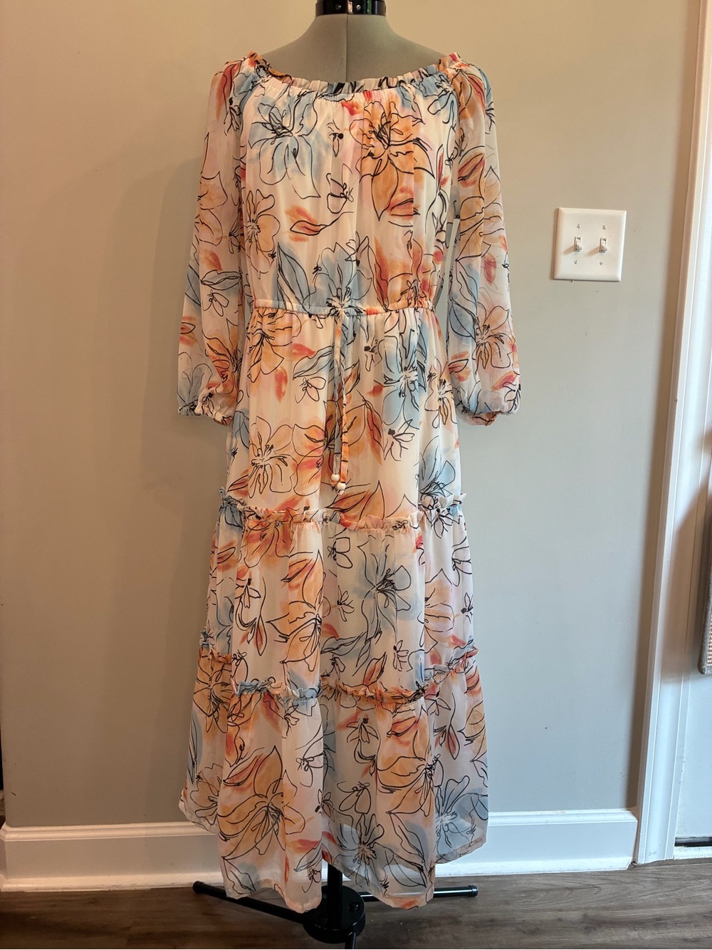 Bohemian Floral Off-Shoulder Maxi Dress in Cream with Blue & Peach Print 0082